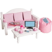 18 Inch Doll Furniture Couch & Coffee Table Set – White, Wooden Playset with Living Room Accessories, Fits American, Generation, My Life & Similar 14”-18” Dolls