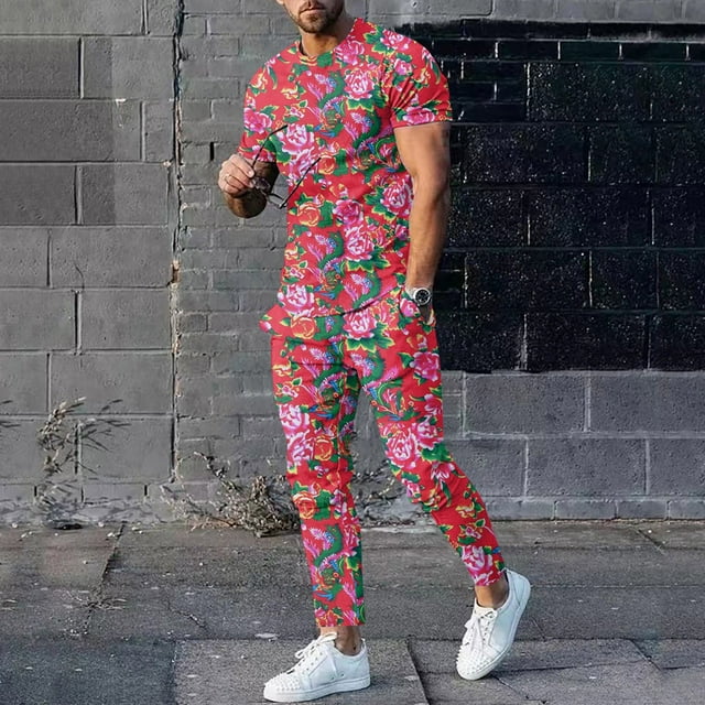Ensemble de Complets pour Hommes à Imprimé Floral Moderne pour le Printemps et l'Automne avec Haut à Manches Longues à Col Rond et Bas Coordonnés Tenue Décontractée Élégante pour Hommes