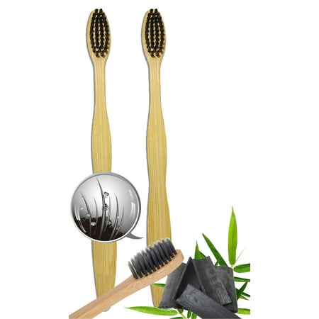 Natural Bamboo Charcoal Toothbrush - 100% Organic, Biodegradable and Eco-Friendly Toothbrush with Extra Slim Soft BPA-Free Bristles - 2pc Set