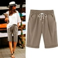 thumbnail image 2 of ABATAB Cotton Linen Shorts for Women Elastic Waist Casual Shorts Bermuda Button down Knee Length Wide Leg Shorts with Pockets, 2 of 7