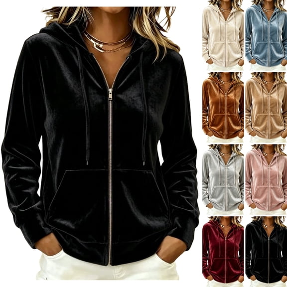 WULMLEO Women's Hoodies Velvet Long Sleeve Hooded Zip Up Oversized Jackets Casual Pullover Tops Plus Size Fall Sweaters Coats with Pockets Black S