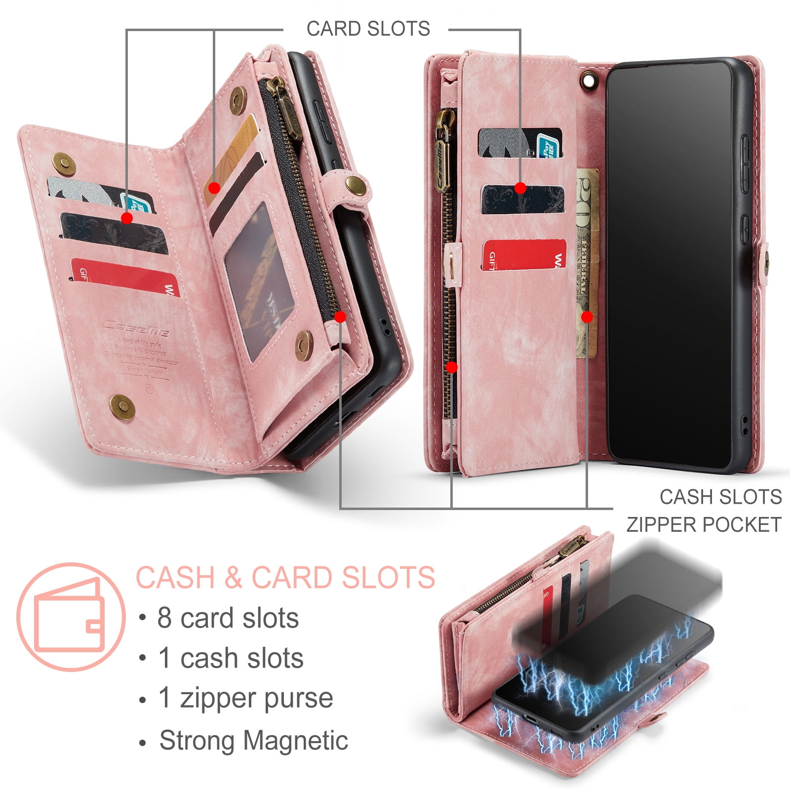 Feishell Durable 2-In-1 Magnetic Detachable Wallet Case for Samsung Galaxy S22,for Women Men,Premium PU Leather Zipper Pocket Flip Multi Card Slots Purse Phone Case with Wrist Strap,Pink