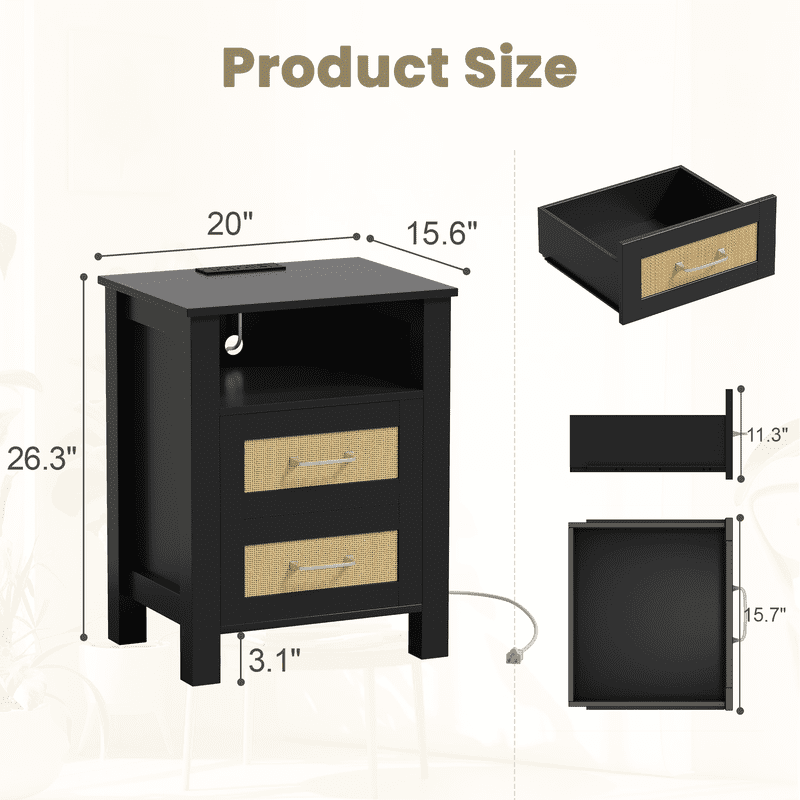 Homall 1 Piece Rattan Nightstand with 2 Drawers, Bedside Table End Table with Charging Station for Bedroom Living Room, Black