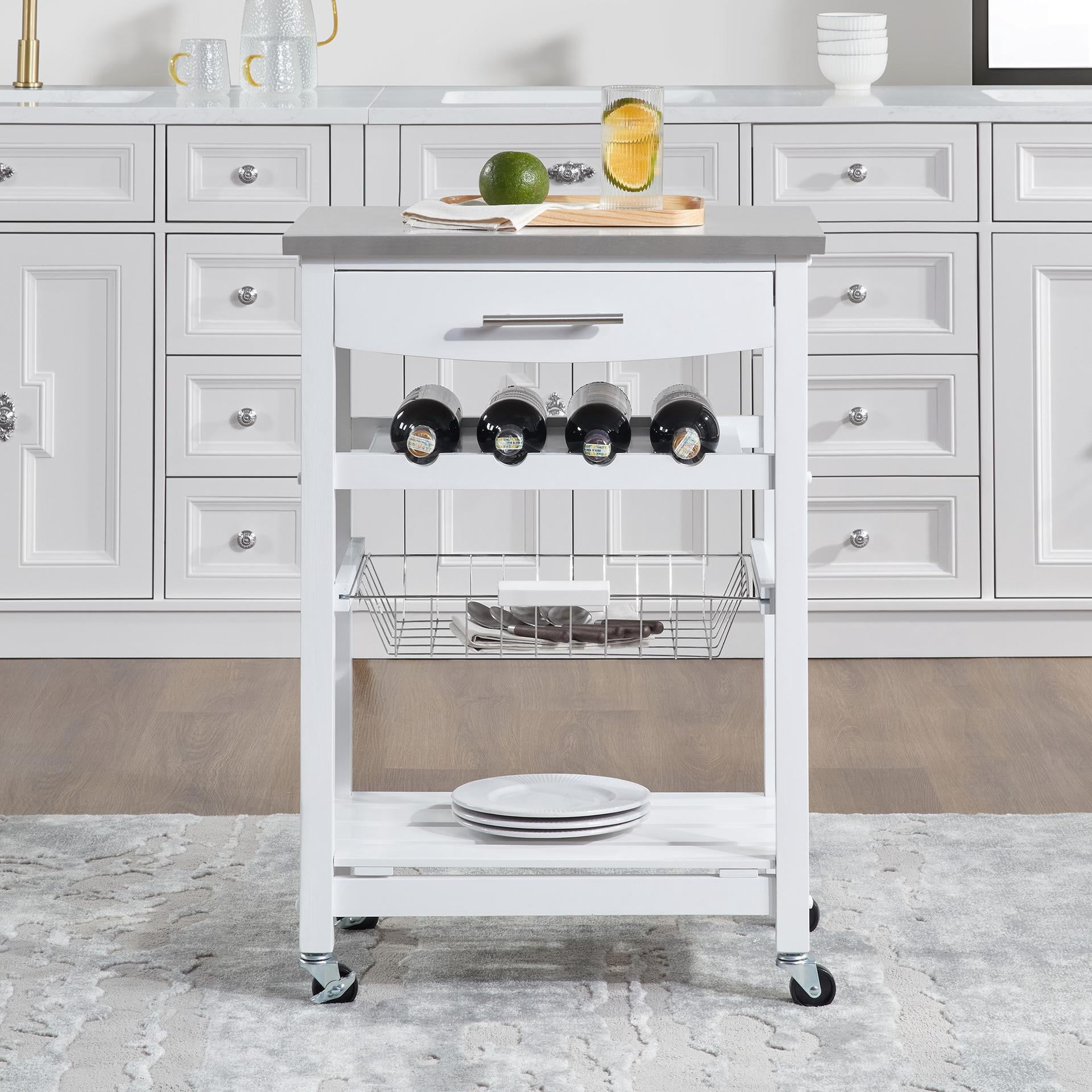 Lisonu Rolling Kitchen Island Cart, 23" Mobile Serving Trolley with Stainless Steel Top & Wood Frame, White Utility Cart with Storage Drawer and Wire Basket for Food Prep