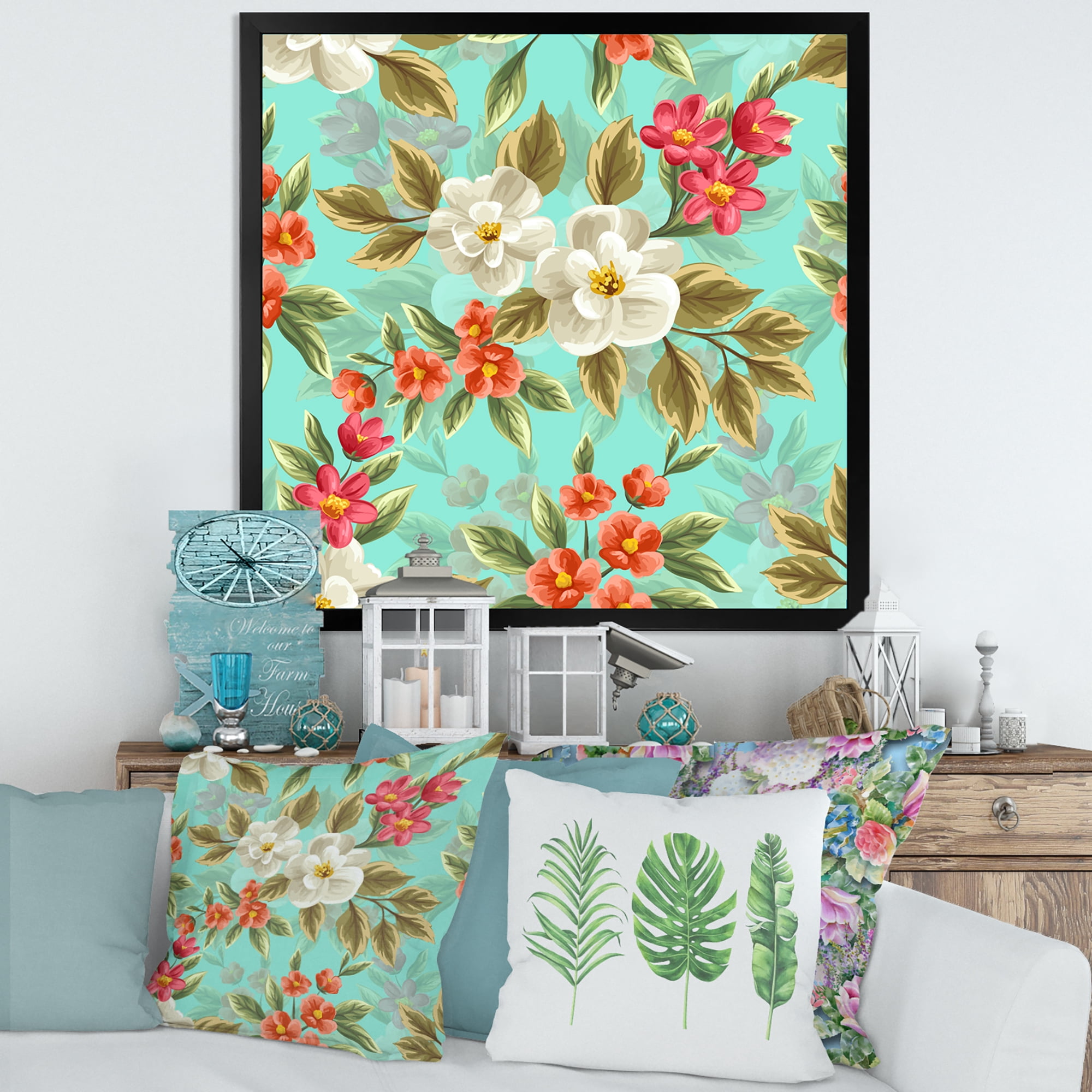 Designart 'Red and White Floral Seamless Pattern' Traditional Framed Art Print