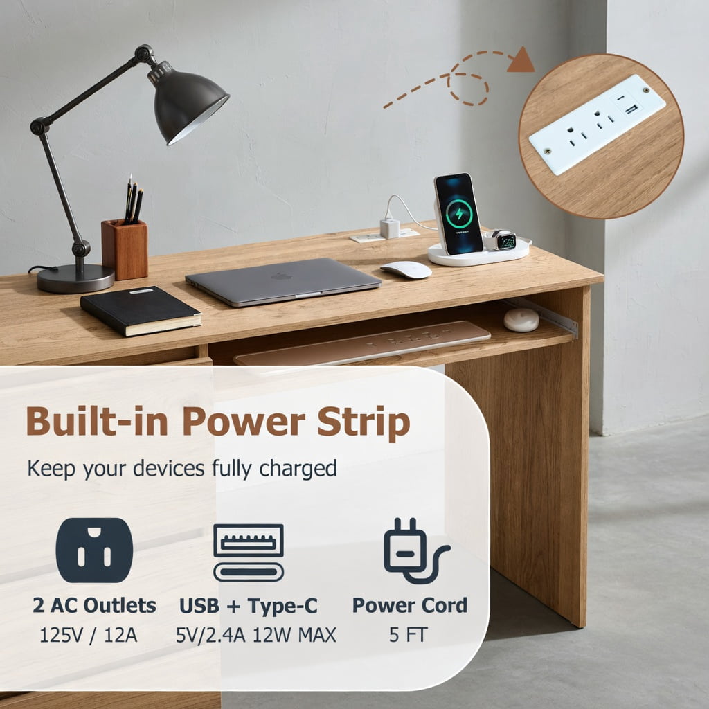 Spaco Computer Desk with Power Outlet Keyboard Tray and 3 Large Drawers-Natural,
