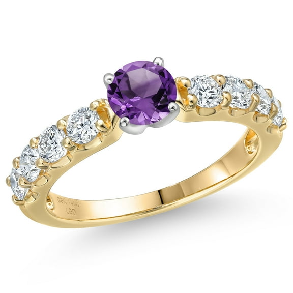 Gem Stone King 14K Two Tone Gold Purple Amethyst and Lab Grown Diamond Engagement Ring for Women | 1.36 Cttw | Round 5MM | Gemstone February Birthstone | Size 5