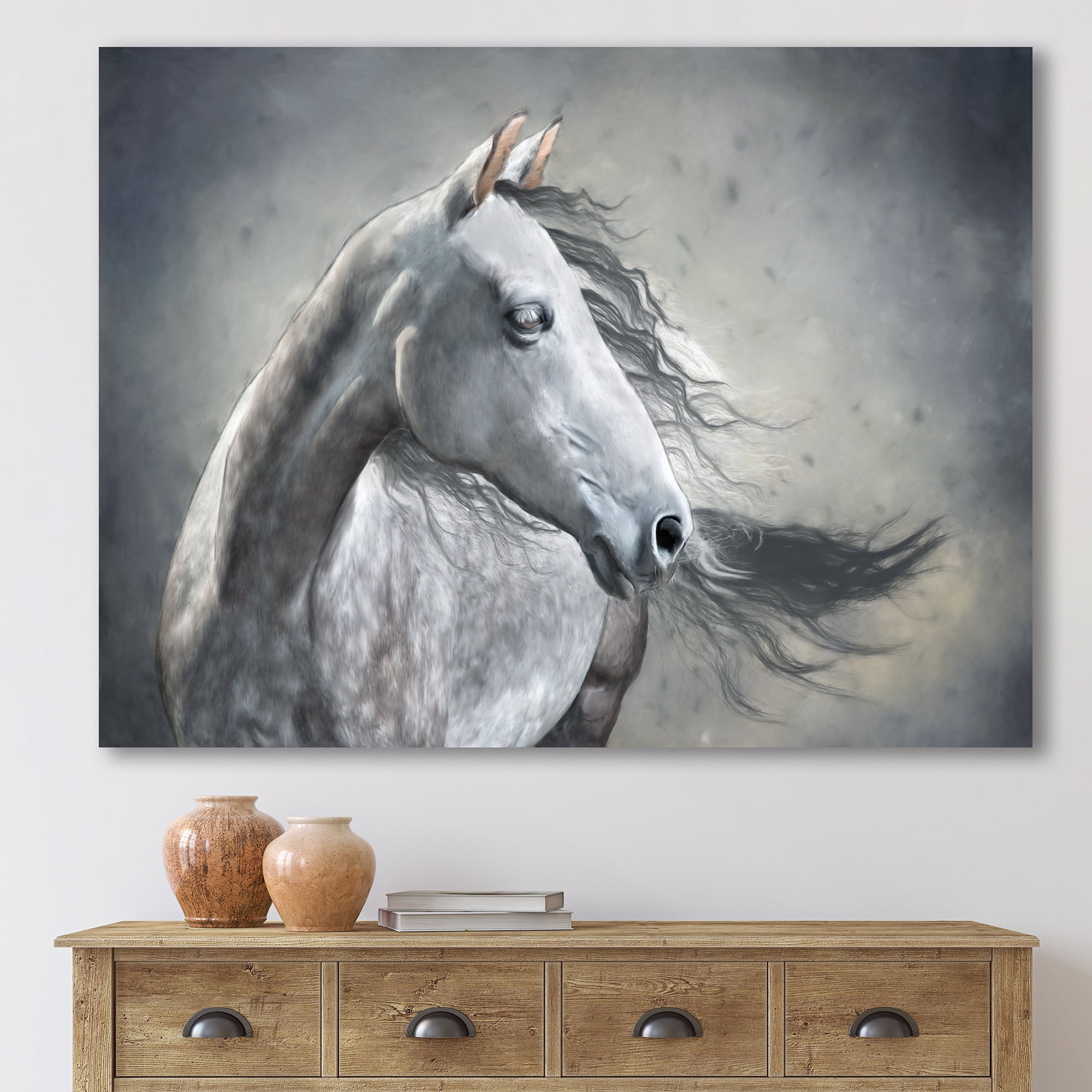 Designart ' Black and White Portrait Of A Wild Horse ' Farmhouse Canvas Wall Art Print