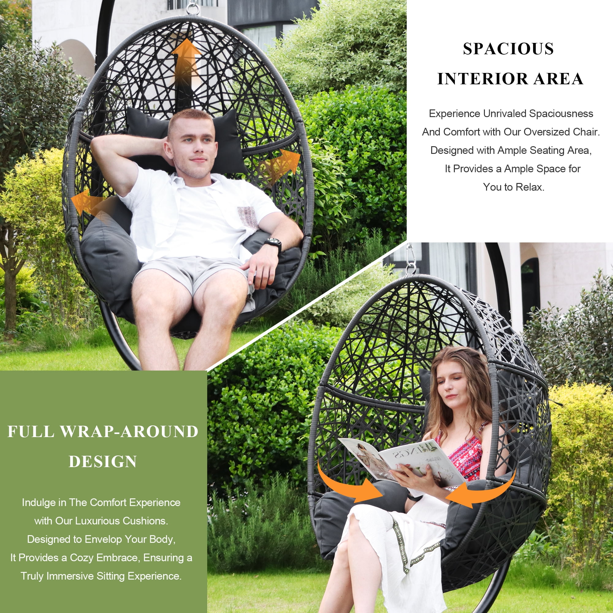 Swing Egg Chair Bird Nest Cage Chair with Stand Comfortable Cushion Indoor Outdoor Rattan Design with Sturdy Metal Frame Water/UV-Resistant 450lbs Capacity Dark Gray