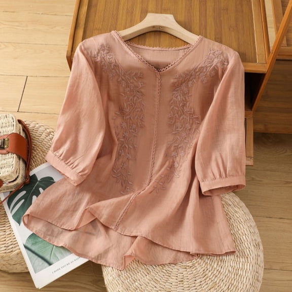Uootdi Women's Blouses V Neck 3/4 Sleeve Floral Embroidered Linen Blend Solid Shirts Summer Picnic Style Lightweight Breathable Loose Fit Tops Gift