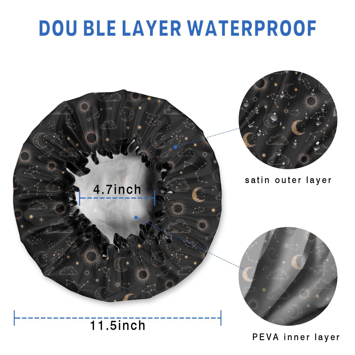 Shower Caps,Black Celestial Cloud Pattern Waterproof Shower Cap for Women 4 Pieces,Double Reusable Hair Cover for Shower PEVA Elastic Stretch Hem