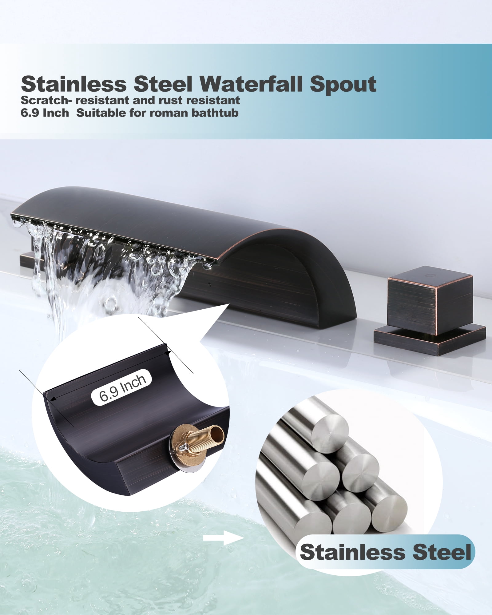 Wowow 2 Handle Waterfall Tub Faucet, Brass 3-Hole Bathtub Faucet, Oil Rubbed Bronze