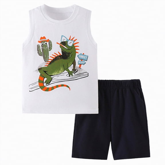 TOWED22 Baby Boy Outfits Sleeveless Tank Top Shirt Adorable Print Pull-on Shorts 2 Piece Summer Clothes Lightweight Set(White,6-7 Y)