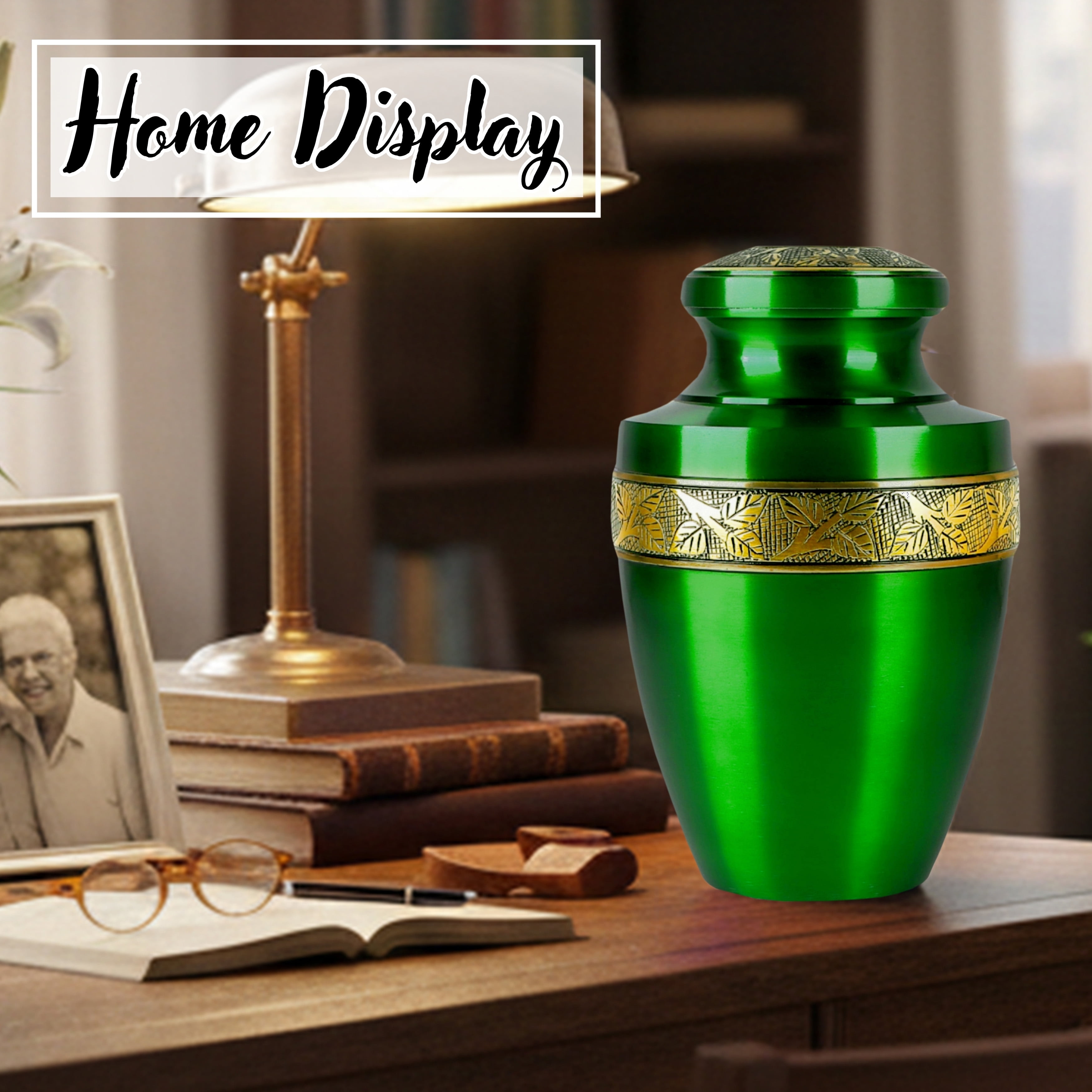 Handcrafted Aluminum Urn - Decorative Memorial Holder for Ashes and Remembrance (Grass Green & Royal Gold)
