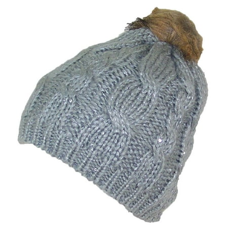 Best Winter Hats Cable & Rib Knit Skull Beanie W/Sequins & Faux Fur Pom Pom (One Size) -