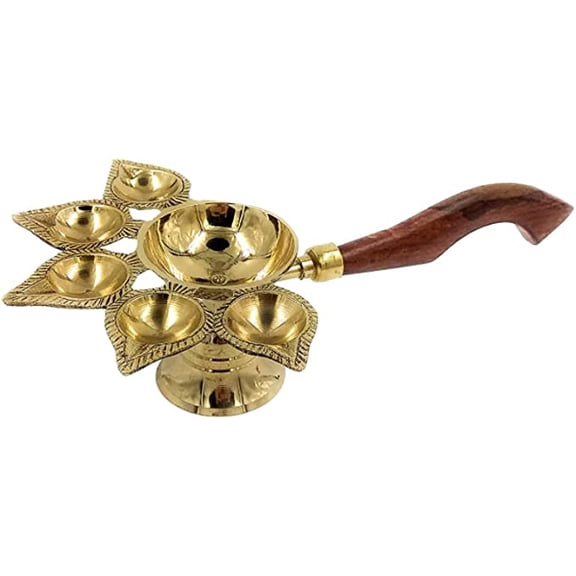 Brass Classic Panch Face Arti/Pooja Diya/Oil Lamp/Deepak/Dhoop/Jyoti With Wooden Handle (Approx. 9 x 4.5 x 2 Inch)