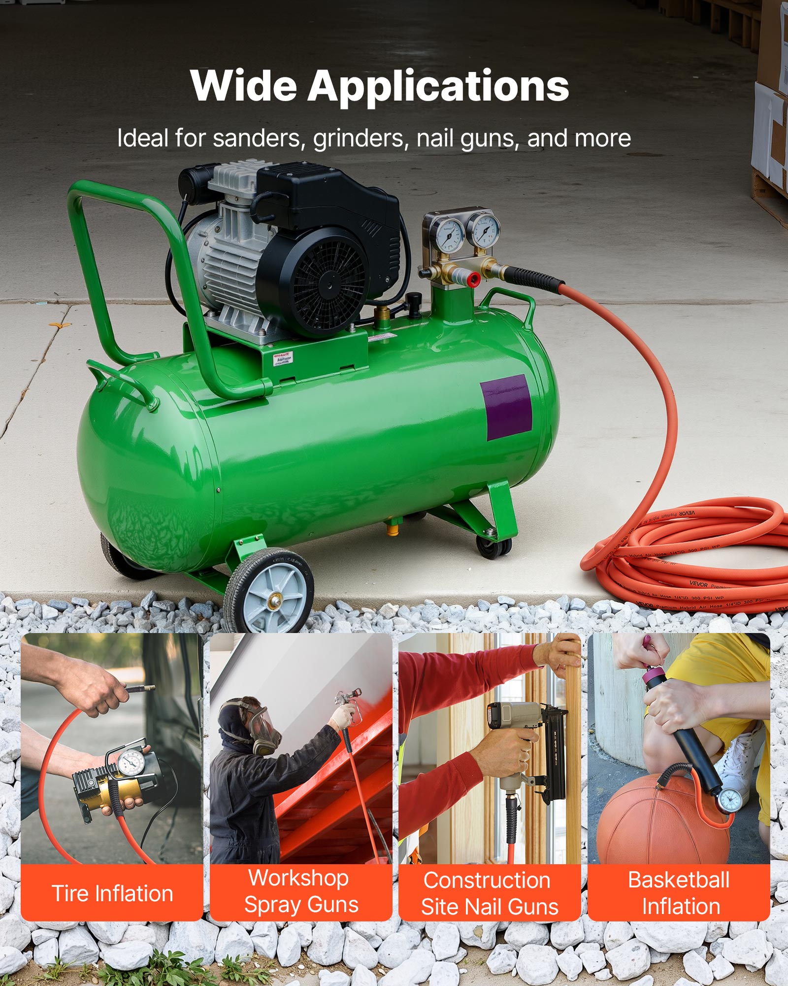 VEVOR Air Hose, 3/8'' x 50ft Hybrid Air Hose, Lightweight, Kink Resistant, Pneumatic Hoses with 1/4 inch Solid Brass Male Fitting, Three-Layer Hybrid Material, 300 PSI, All-Weather Flexibility,Orange