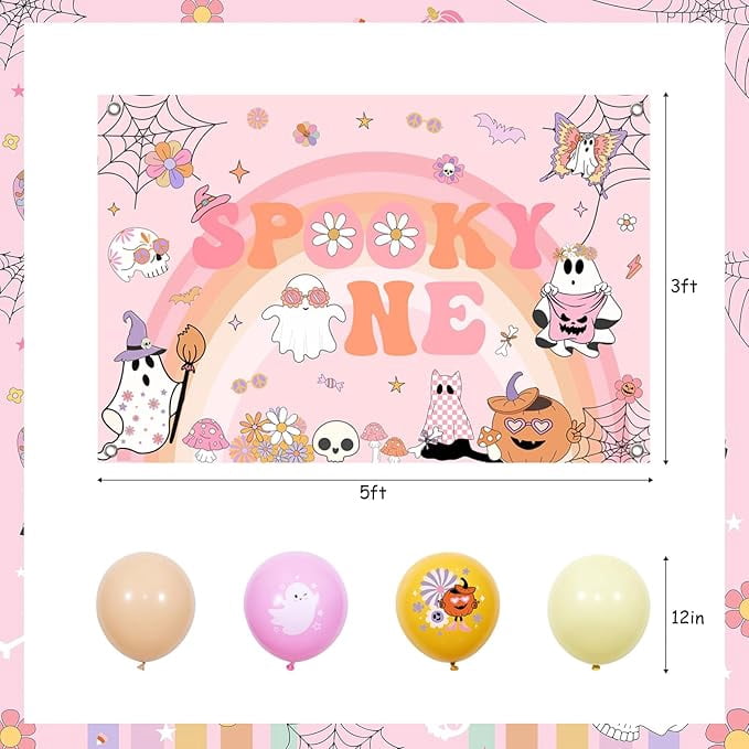 Groovy Halloween Birthday Decorations Pink Spooky One Backdrop Number 1 Foil Balloon 3D Bat Stickers Hippie Flower Ghost Printed Balloon Garland Arch Kit for Girls First Birthday Party Supplies