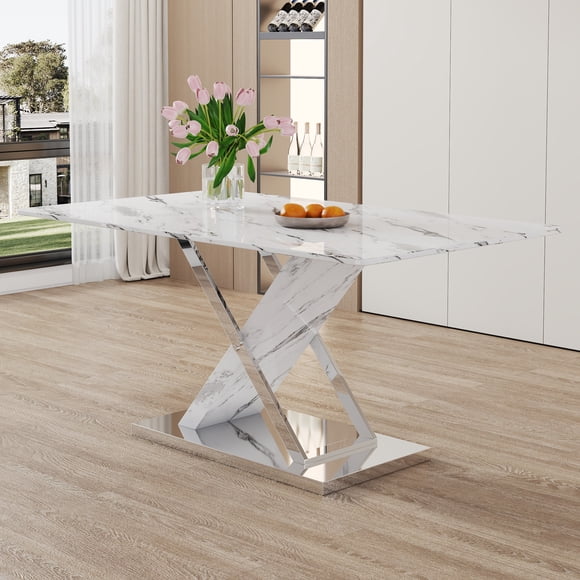 Modern White Marble Pattern Glass Dining Table For 4-6 People - 63"x37" with X-Shaped Legs.Modern glass dining table. Equipped with silver stainless steel base.Suitable for living room,kitchen,etc.