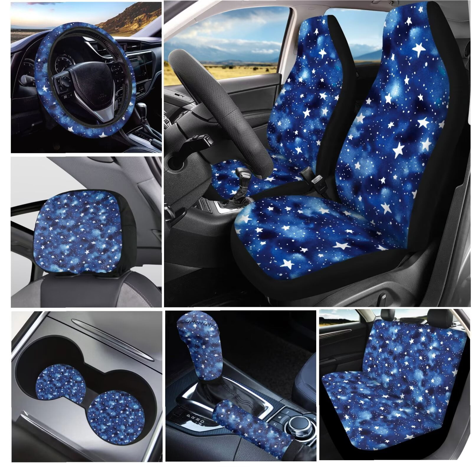 Garronmavis Blue Galaxy Star 11 PCS Car Seat Covers Full Set for Women Men Steering Wheel Cover Gear Shift Cover Handbrake Cover Headrest Cover Cup Coasters Automotive Interior Universal