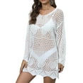 thumbnail image 3 of Biekopu Women Bikini Cover-Ups Solid Color Knitted Hollow-Out See-Through Crew Neck Long Sleeve Beach Swimwear Sunscreen Blouse, 3 of 5