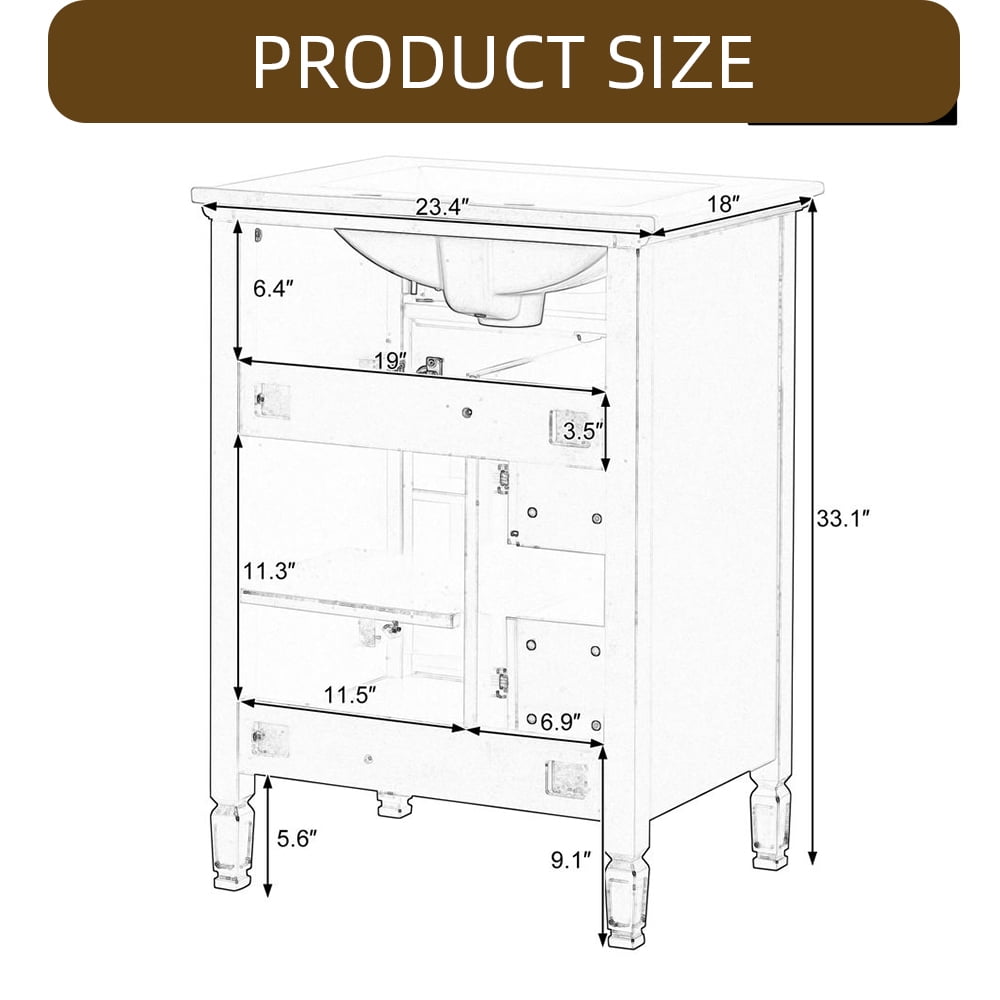 WGYPRIME 24" Bathroom Vanity with Sink, Modern Bathroom Storage Cabinet with Flip Drawer and 2 Standard Drawers, Freestanding Solid Wood Bathroom Cabinet