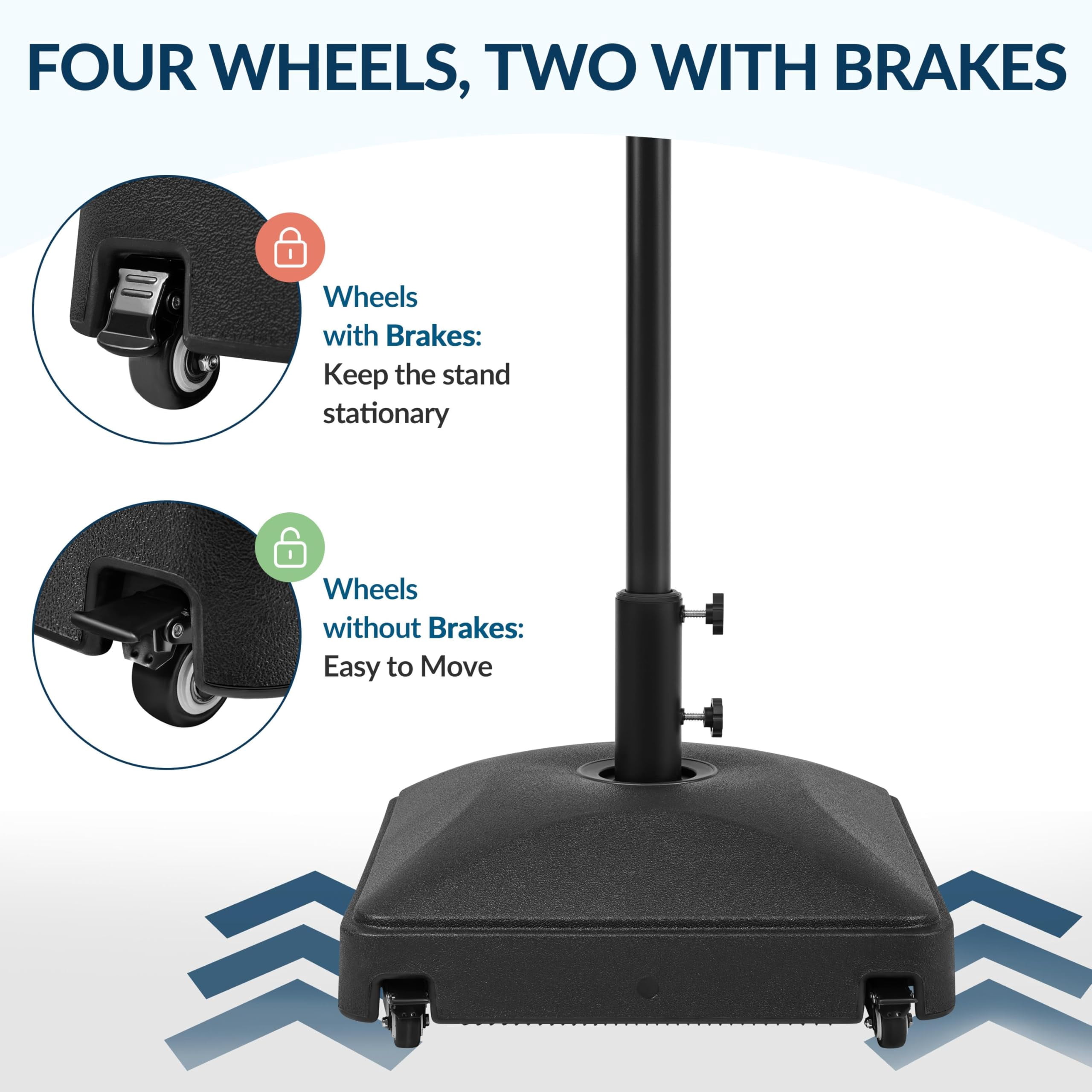Heavy Duty Fillable Umbrella Base 123lb Capacity, Patio Umbrella Stand with 4 Wheels and 2 Lockable Casters, Outdoor Umbrella Holder for Deck Poolside Garden Backyard, Black