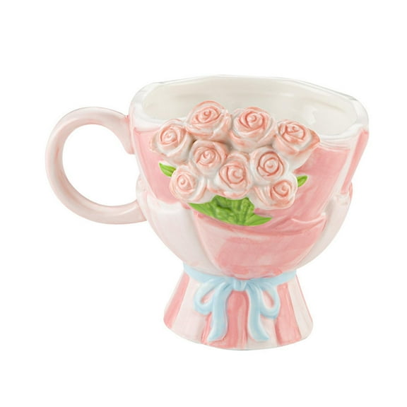 CoudarTitie Ceramic Coffe Mug Flower Mug 360 ml Artistic Cute Handmade Teacup for Cappuccino Pink