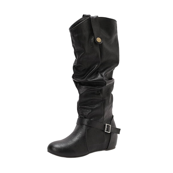 Black Inner Height Increase Boots For Women With Belt Buckle And Round Toe Mid Calf Design For A Fashionable Winter Look