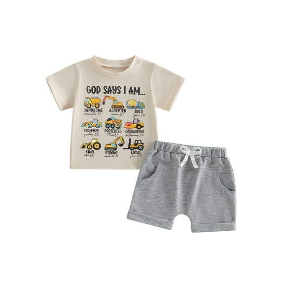 BemeyourBBs Infant God Say I Am Toddler Baby Boy Christening Clothes Shorts Set Kids Baby Summer Outfits Short Sleeve Vehicles Print T-Shirt Shorts Pockets