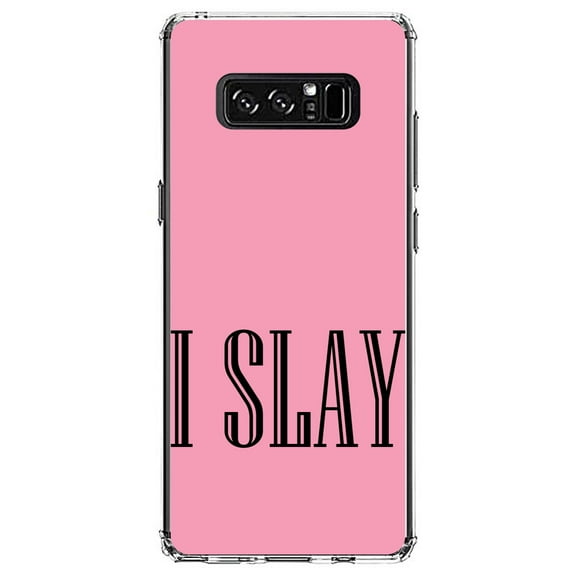 DistinctInk Clear Shockproof Hybrid Case for Samsung Galaxy Note 8 - TPU Bumper, Acrylic Back, Tempered Glass Screen Protector - Black Pink "I Slay"