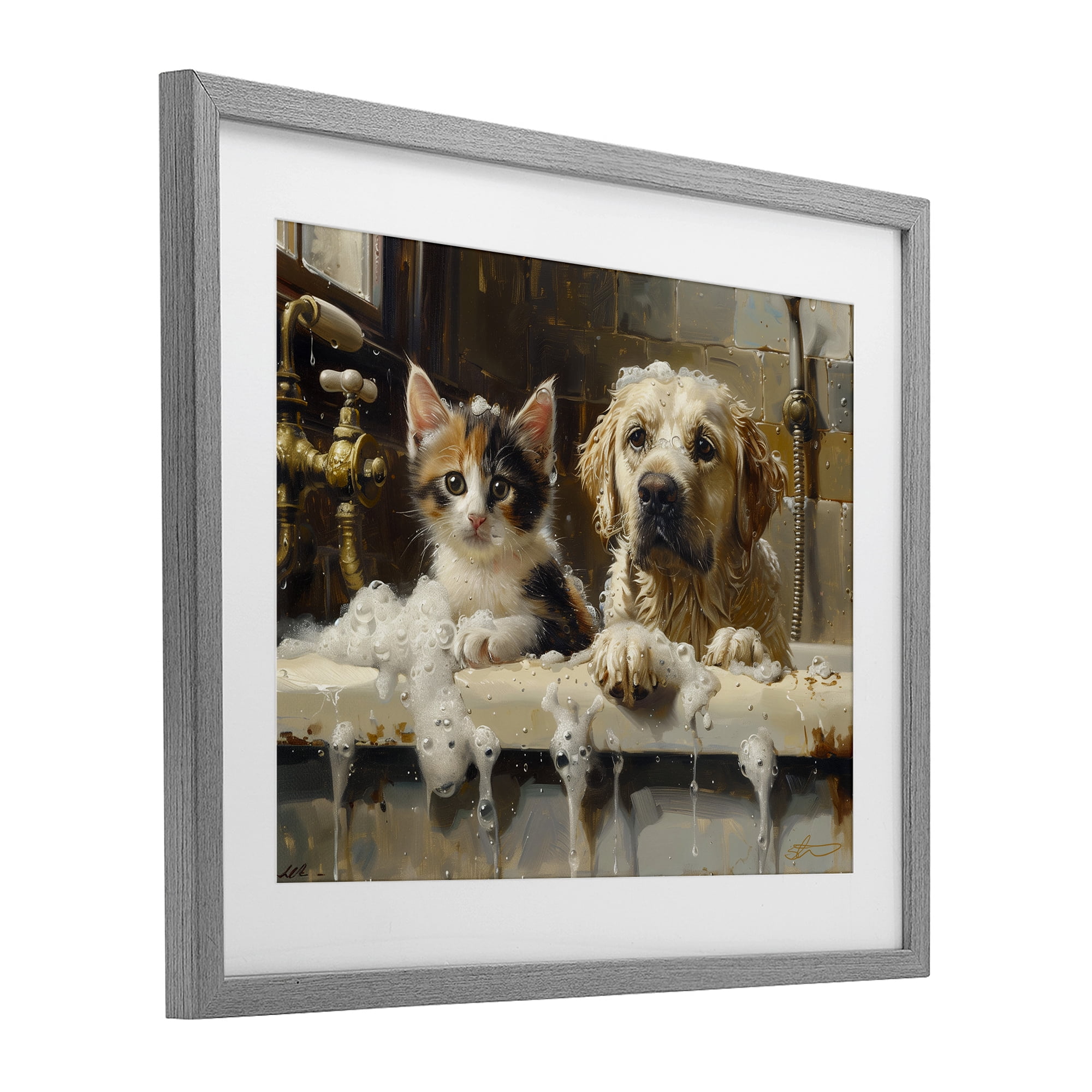 Bath Buddies Cat & Dog Gray Framed Print Under Glass, design by Shawna Stewart