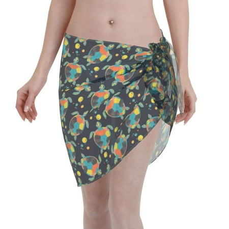 Qekee Colorful Turtles Women s Short Sarongs Cover Ups Sheer Bikini Wraps for Swimwear