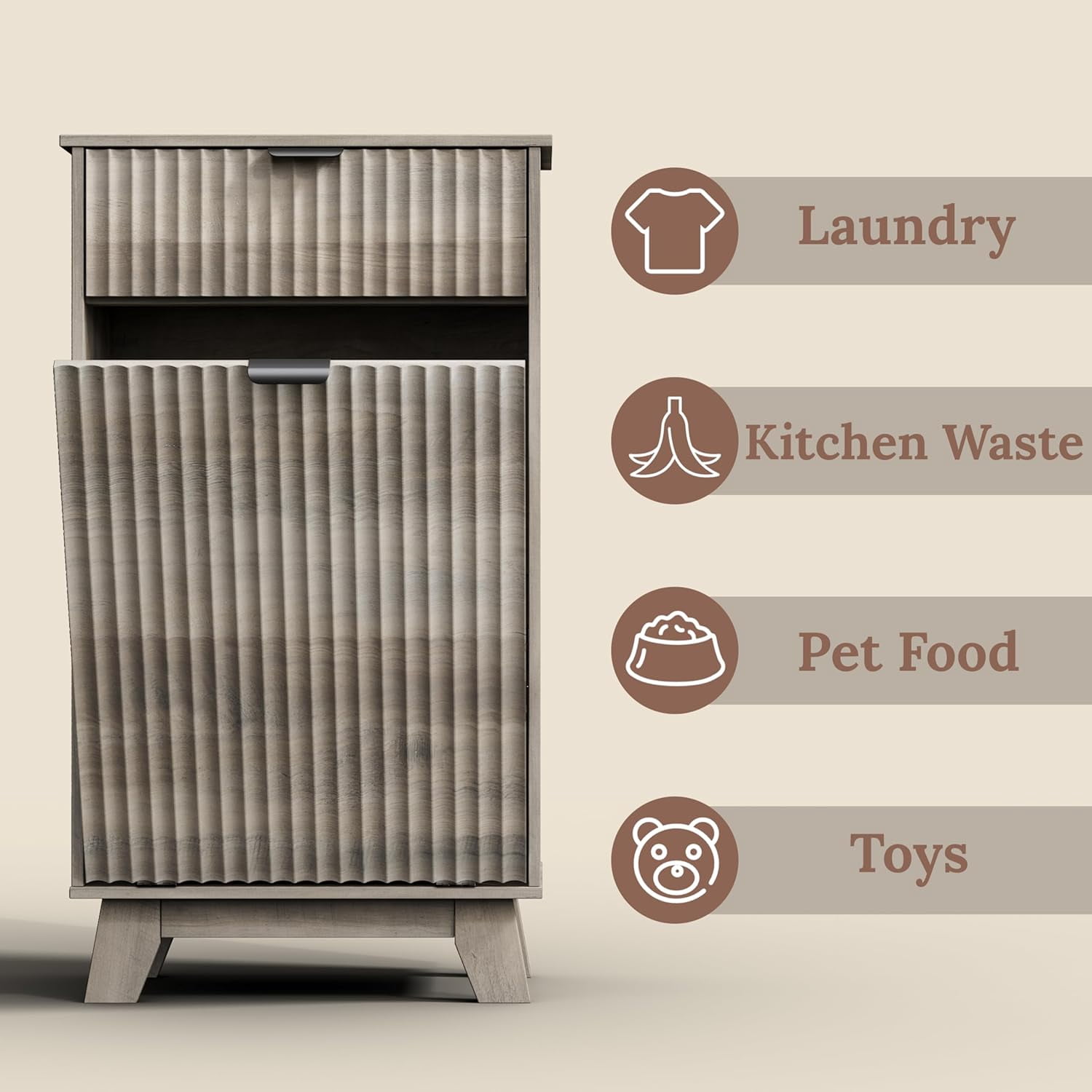 FANRAL Single Tilt Out Laundry Hamper Cabinet,10 Gallon Wooden Hidden Storage Cabinet,Fluted Trash Can for Bathroom Kitchen Living Room,Gray Laundry Basket Cabinet
