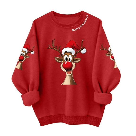 Lorytime Womens Sweatshirt Oversized Christmas Reindeer Print Shirt Crew Neck Long Sleeve Pullover Tops for Holiday