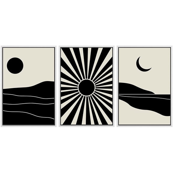 PixonSign Framed Canvas Print Wall Art Set Geometric Sun Crescent Moon Landscapes Nature Wilderness Illustrations Modern Art Minimalism Decorative for Living Room, Bedroom, Office - 24"x36"x3 White