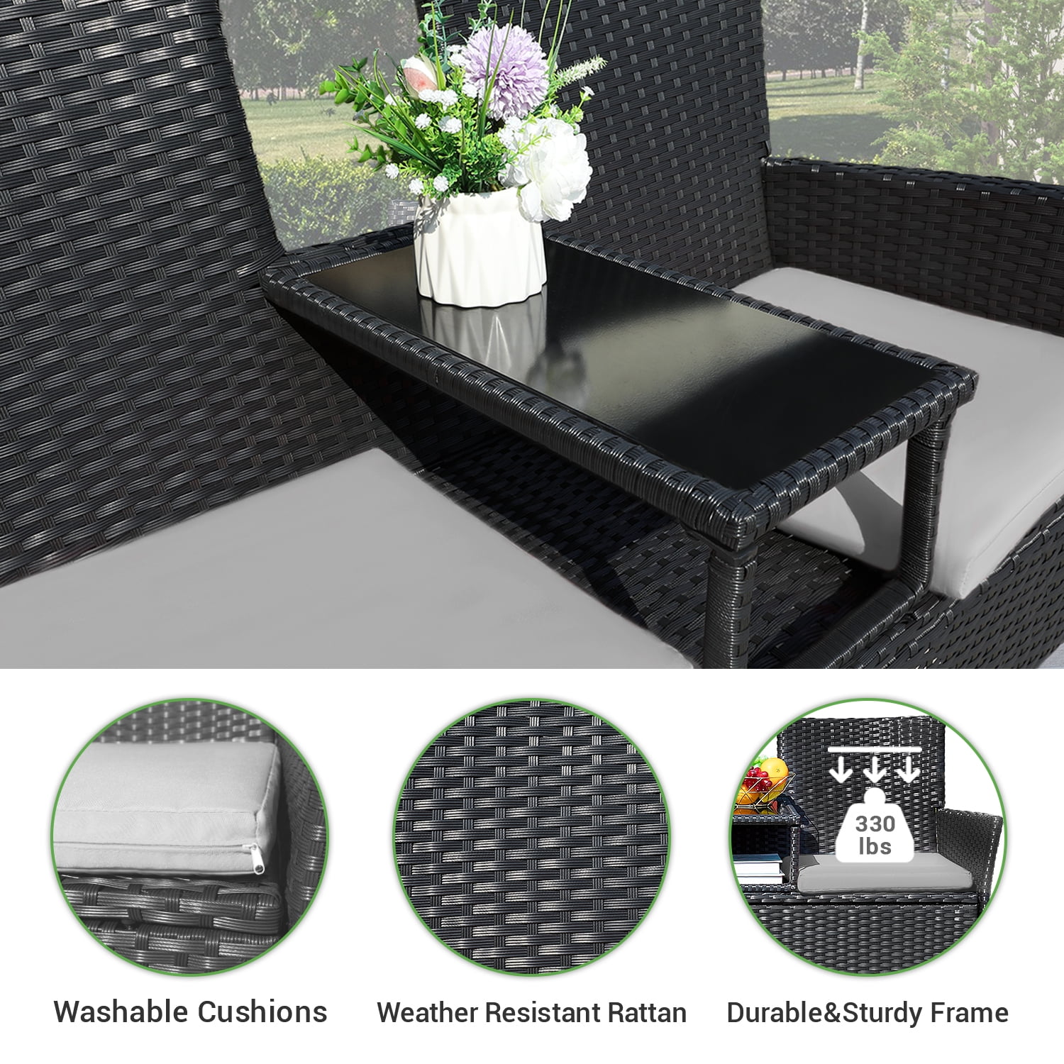 Devoko Outdoor Patio Loveseat Modern Rattan Patio Conversation Furniture Set with Cushions & Built-in Coffee Table Porch Furniture for Garden Lawn Backyard, Gray
