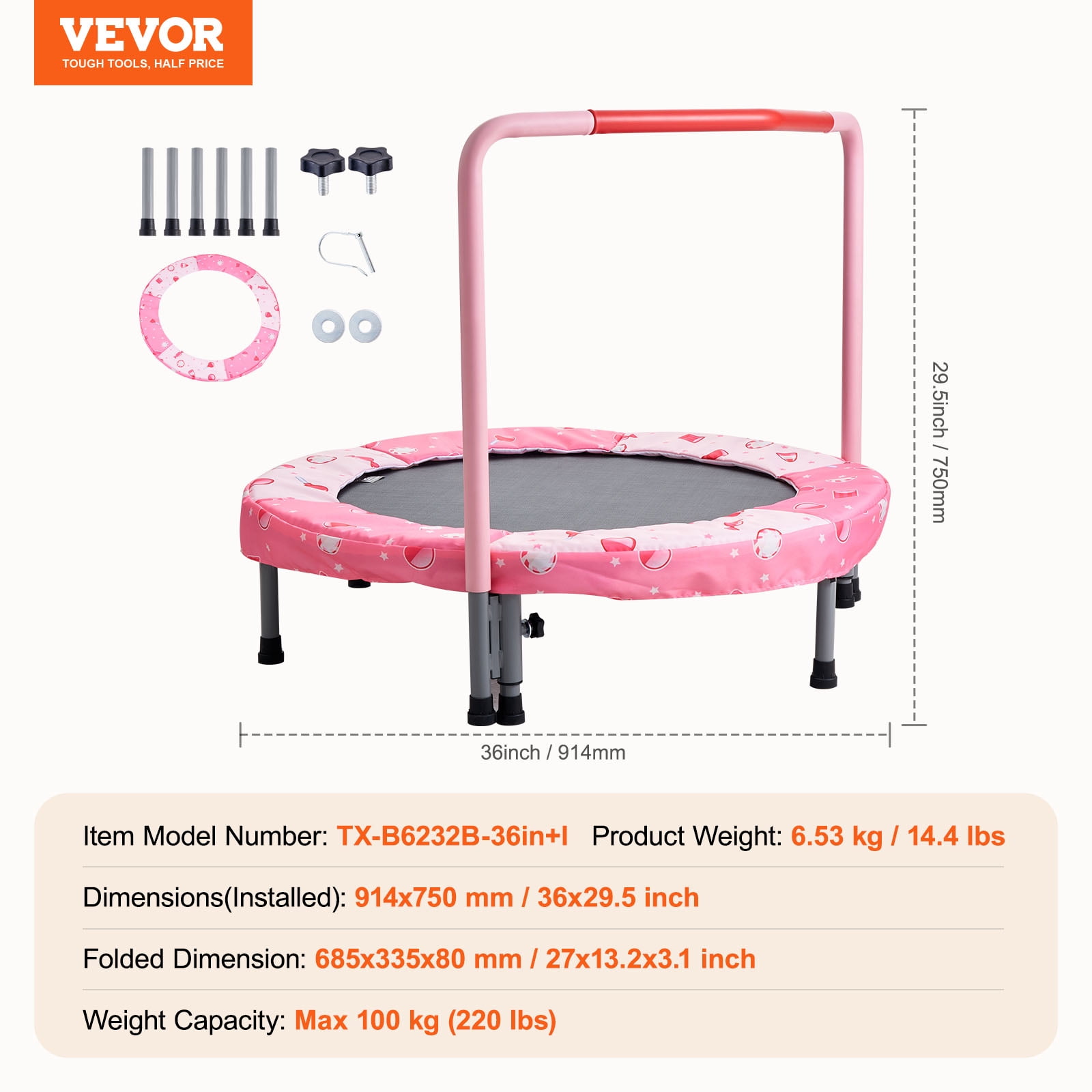 VEVOR 36" Kids Trampoline, 3FT Indoor Outdoor Trampoline, Foldable Mini Trampoline with Handle, Rebounder Trampoline for Toddlers, Birthday Gift for 3+ Years Children, Boys Girls for Fun, Red