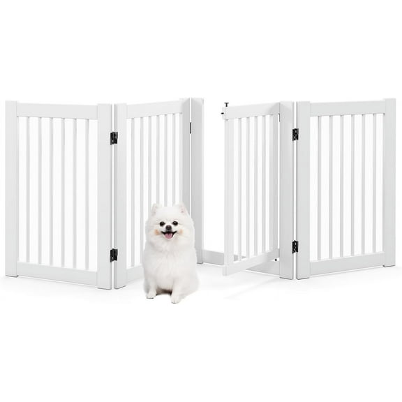 GHooa Dog Gate with Door - 30''H × 80''W Wooden Pet Gate with Walk Through Door, Foldable Freestanding 4 Panels Pet Safety Fence Extra Wide for Doorway Stairs House Deck Yard-White