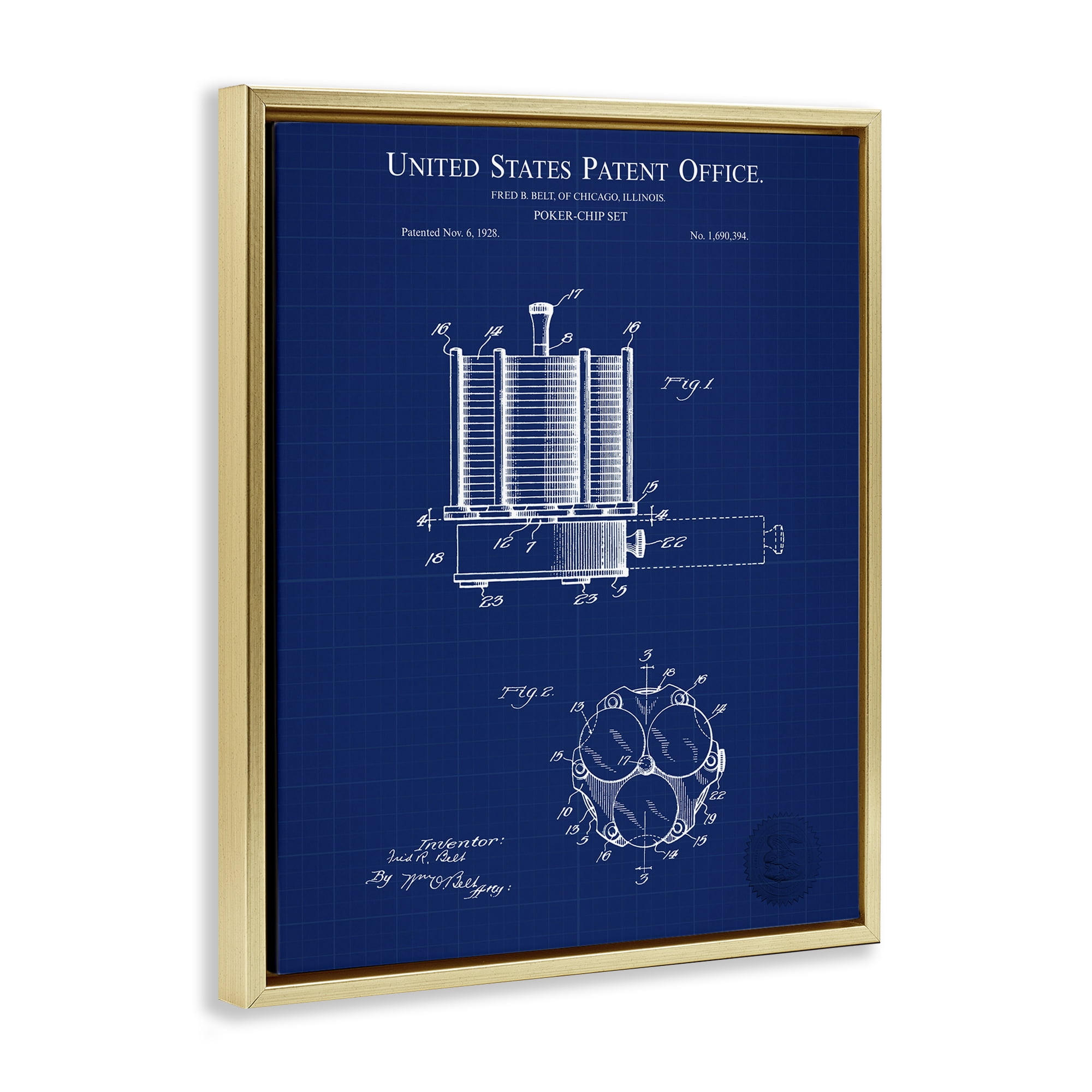 Stupell Industries Poker Chips Blueprint Typography Painting Gold Floater Framed Art Print Wall Art, 17 x 21