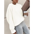 thumbnail image 3 of Jersey de punto acanalado suéter de manga larga con cuello redondo y abertura lateral para mujer para otoño invierno blanco S, 3 of 5