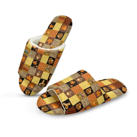POLERO Thanksgiving Pattern Print Open Toe House Slippers for Women Men Soft Cotton Indoor Shoes Memory Foam Slip On Bedroom Slippers, Size 10.5-11.5