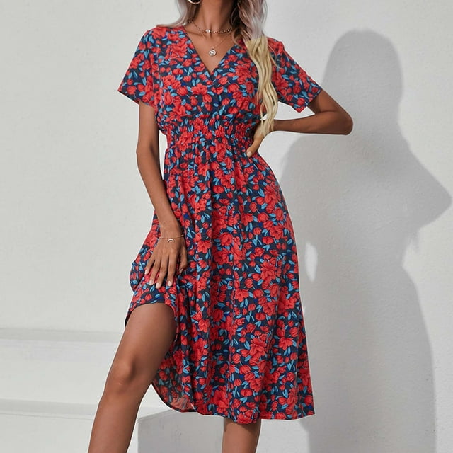 SMihono Robe Bohème d'Été pour Femmes Grande Taille Mode Décontractée Été Femmes Décontractée Manches Courtes Col en V Robes à Imprimé Floral Robe