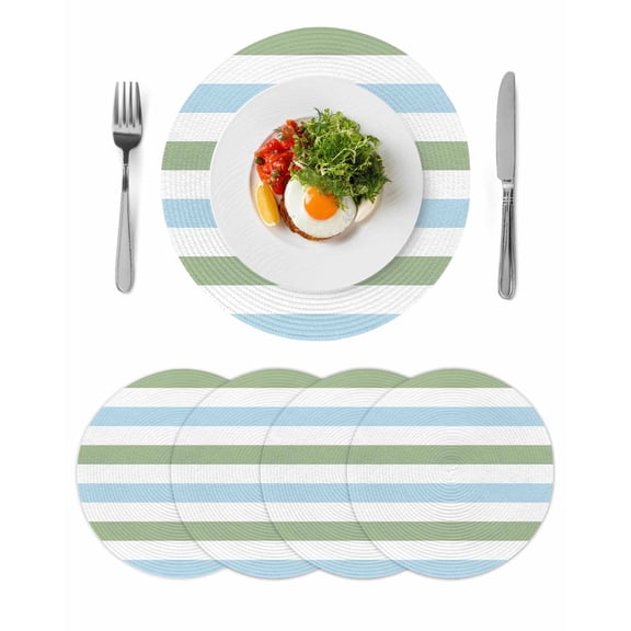 Sage Green Blue Striped Round 13 Inch Placemats Set of 4, Farmhouse Sage Green Stripes HeatResistant Non Slip Place Mats for Dining Table, Wipeable Braided Kitchen Table Mats for Housewarming