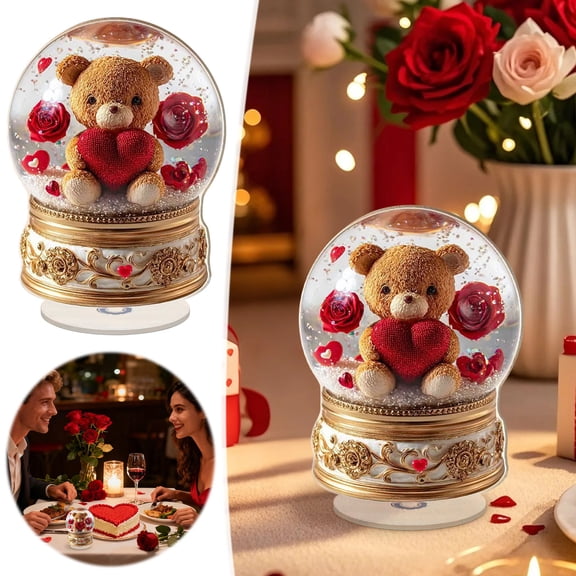 Valentine's Day Ornament, Rotating Heart Rose Bear Crystal Ball, 2D Flat Acrylic Desk Decoration with Spinning Base Romantic Gift