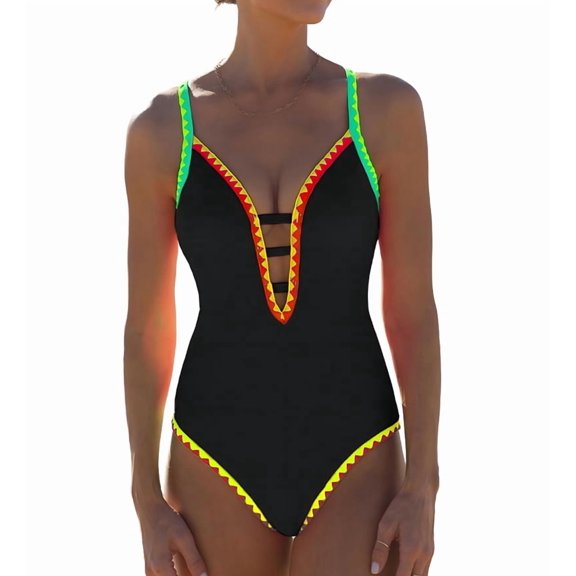 Women One Piece Swimsuit Tummy Control Deep V Neck Neon Cute Bathing Suit Back Tie Swim Suits 2025 Summer Black L