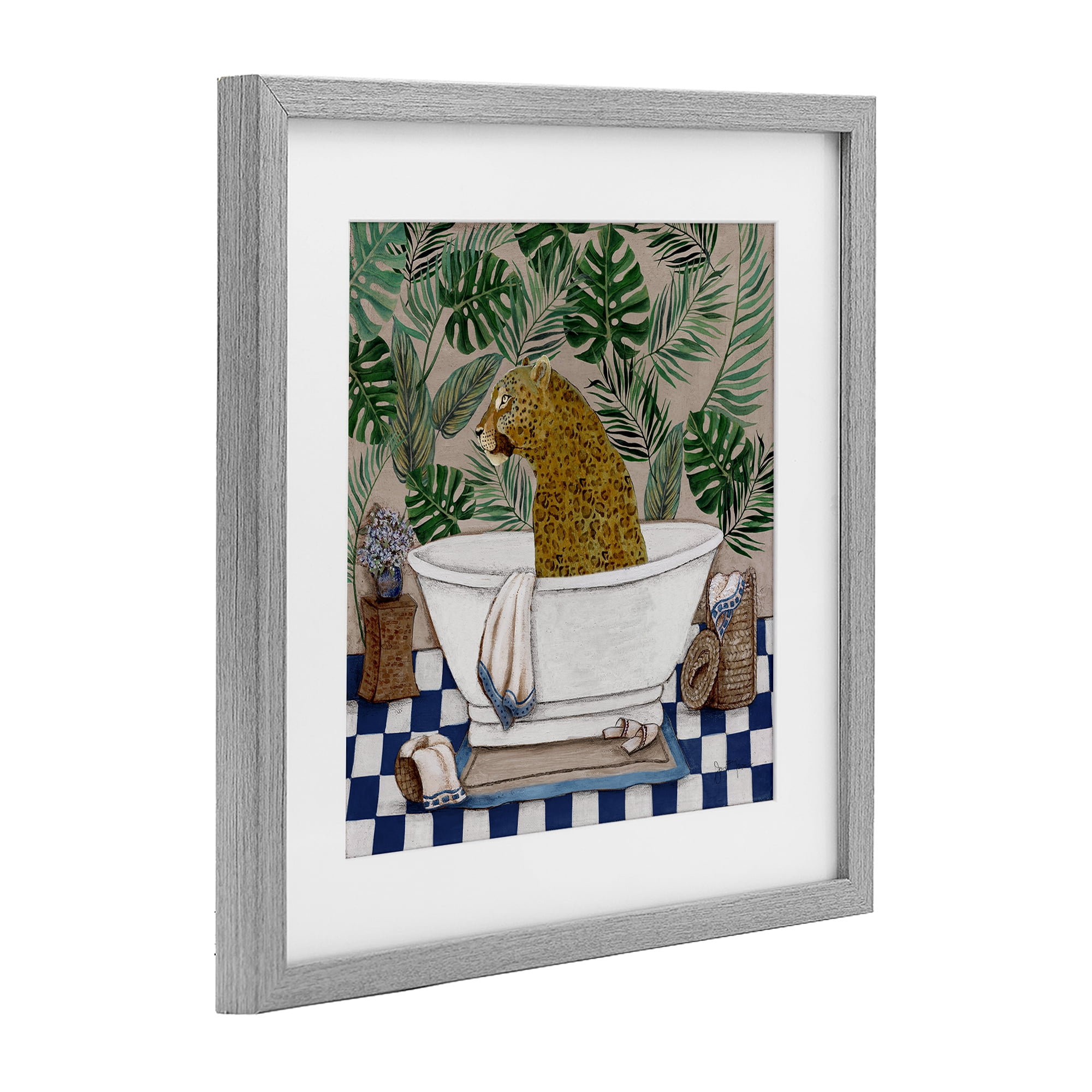 Stupell Industries Leopard in Tropical Bathtub Gray Framed Print Under Glass, design by Janet Tava
