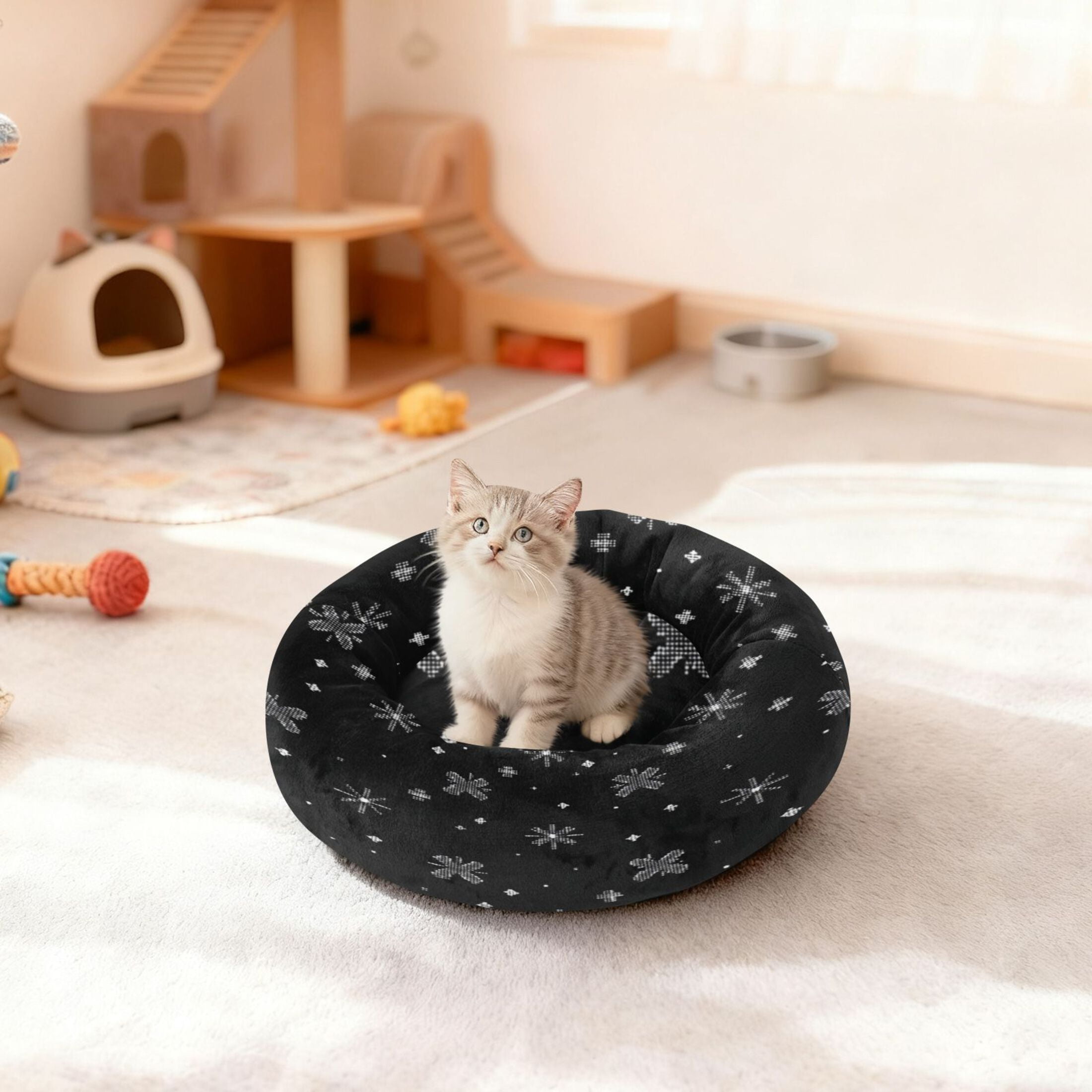 Iauyy Pet Couch Donut Cat Bed for Indoor Cats/Small Dogs Washable & Machine with Non-slip Bottom Calming Cat Furniture, A Small White Star (M)