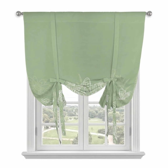Sage Green Wildflowers Tie Up Curtains 45 Inches Long, Kitchen Window Curtains Over Sink, Modern Floral Butterfly Plant Small Window Curtains Shade Balloon Curtains Valances for Bedroom/Cafe 34"x45"