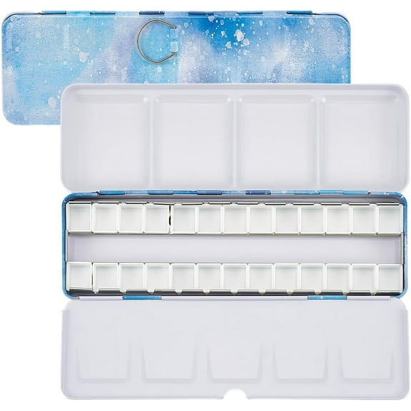 Blue Watercolor Paint Palette Empty Travel Watercolor Palette Metal Paint Box with Folding Palette Watercolor Tray Palette with 26 Empty Half Pans